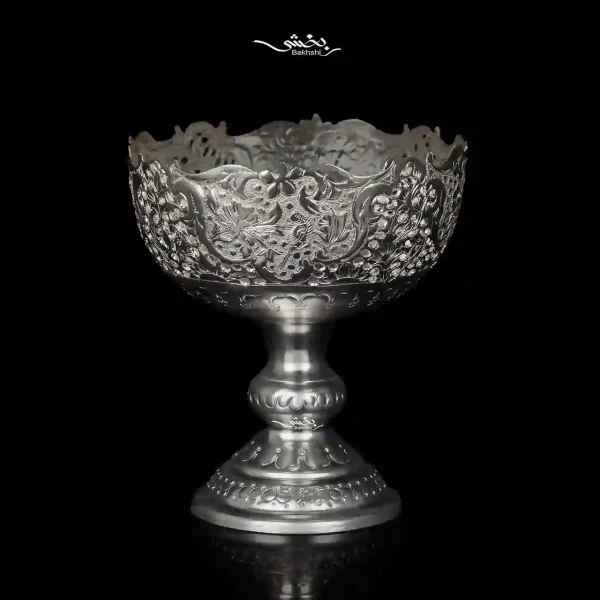 کاسه نقره پایه دار قلم گل و مرغ