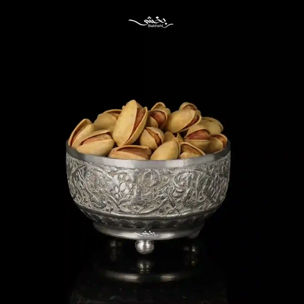 کاسه نقره پایه گلوله ای قلم گل و مرغ