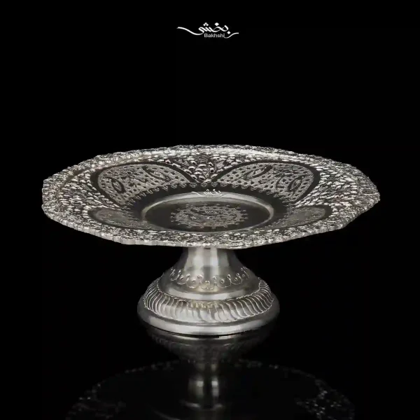 شیرینی خوری پایه دار نقره قلم گل و مرغ