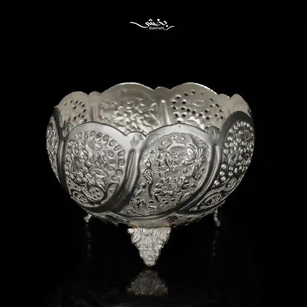 کاسه نقره پایه ریختگی قلم گل و مرغ