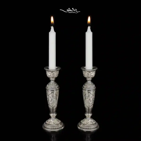 شمعدان نقره تک شاخه قلم گل و مرغ
