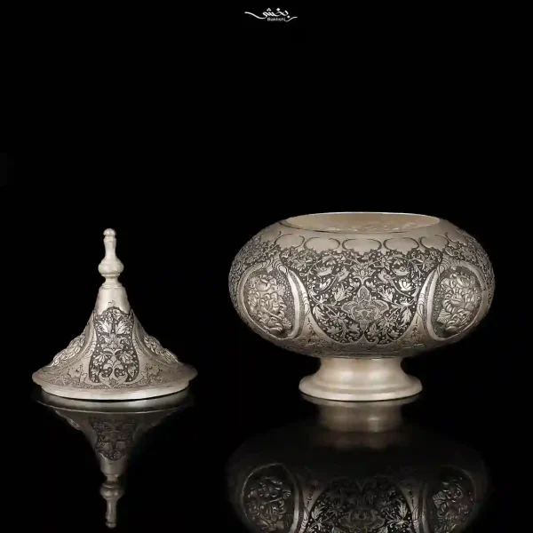 گزخوری نقره درب دار قلم گل و مرغ