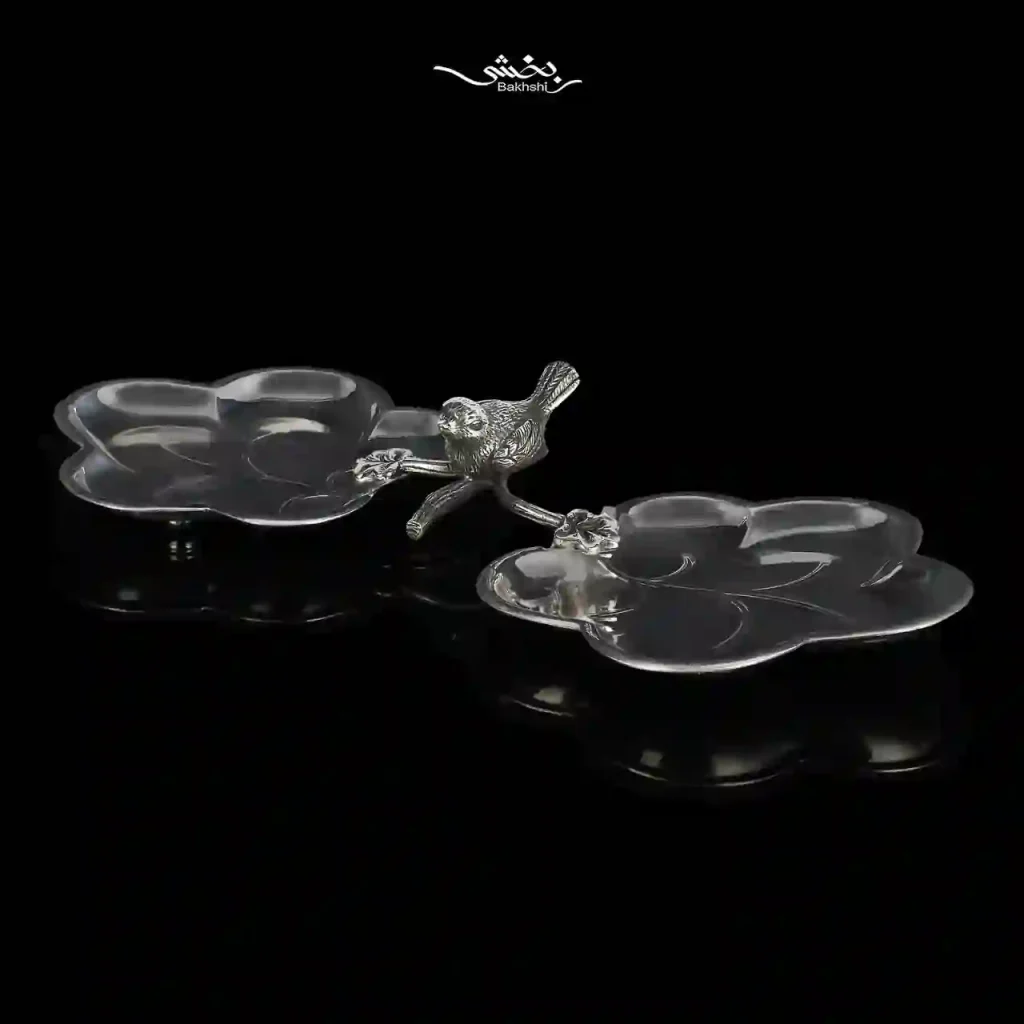 شیرینی خوری نقره دوقلو مدرن برگ و گنجشک