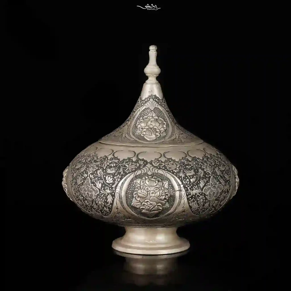 گزخوری نقره درب دار قلم گل و مرغ