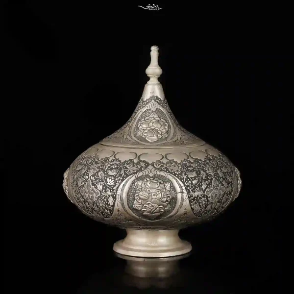 گزخوری نقره درب دار قلم گل و مرغ