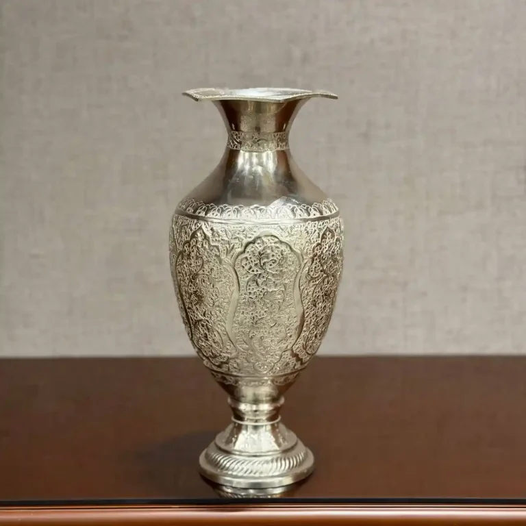 گلدان نقره شکم دار قلم گل و مرغ