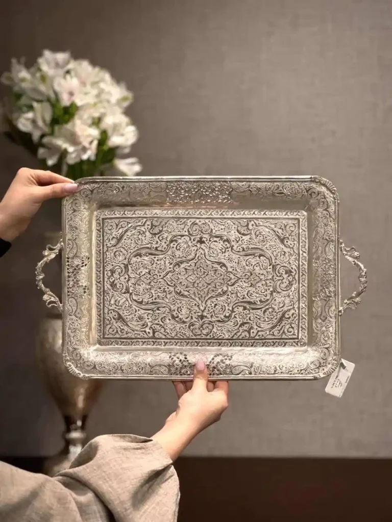 سینی نقره مستطیل دسته دار قلم گل و مرغ