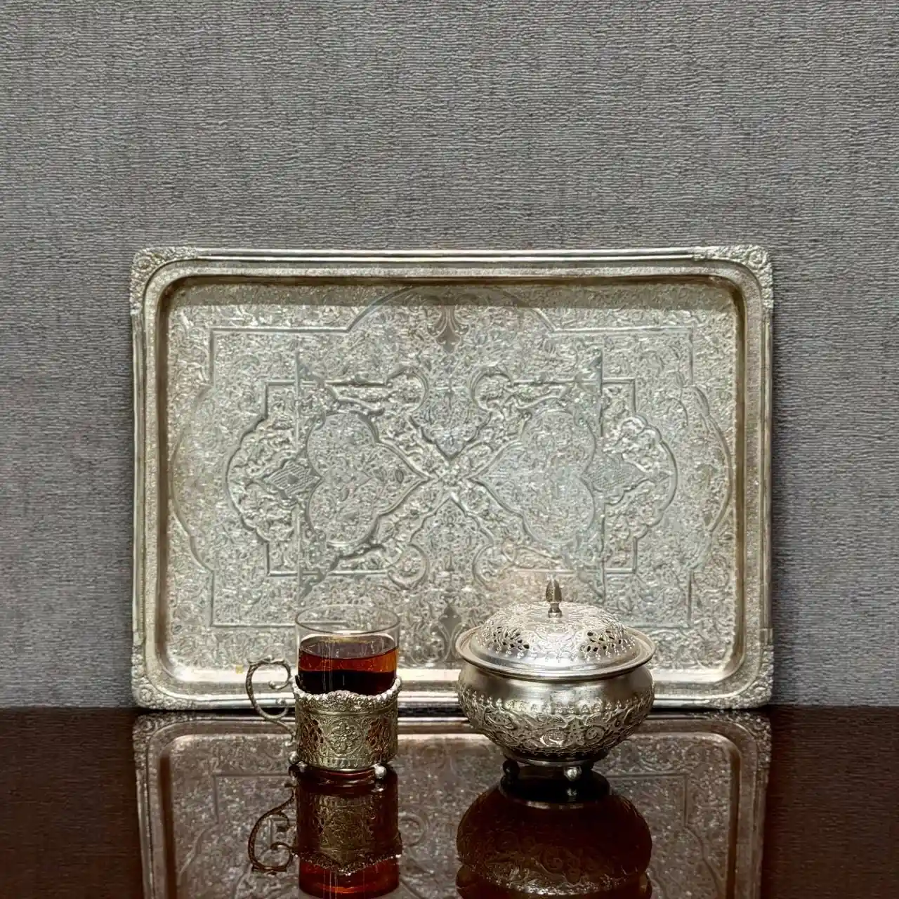 ست چای خوری نقره قلم گل و مرغ