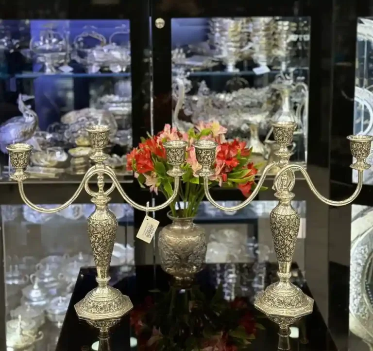 شمعدان نقره سه شاخه جفتی گل و مرغ درجه یک