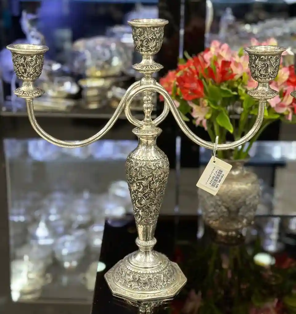 شمعدان نقره سه شاخه جفتی گل و مرغ درجه یک